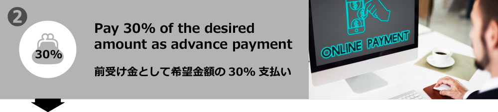 前受け金として希望金額の30%支払い